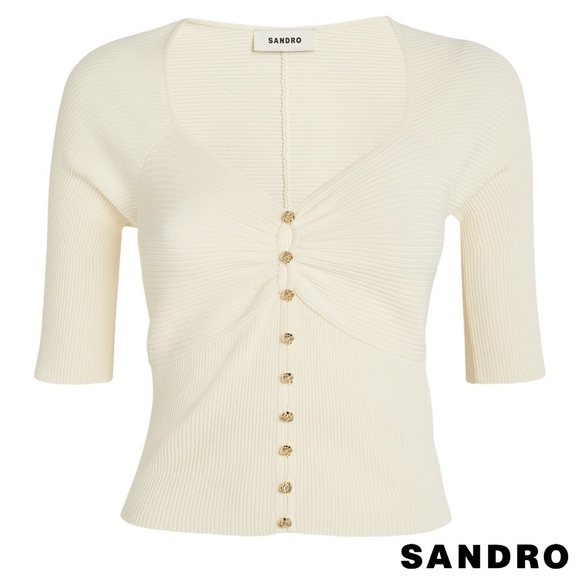 Sandro **NWT** 'Cecilia' Rose Button Short Sleeve Ribbed Knit Cardigan in white - Picture 2 of 10